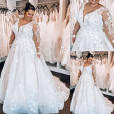 Long Sleeve Beach Plus Size Wedding Dresses Lace V Neck Appliques - MyChicDress